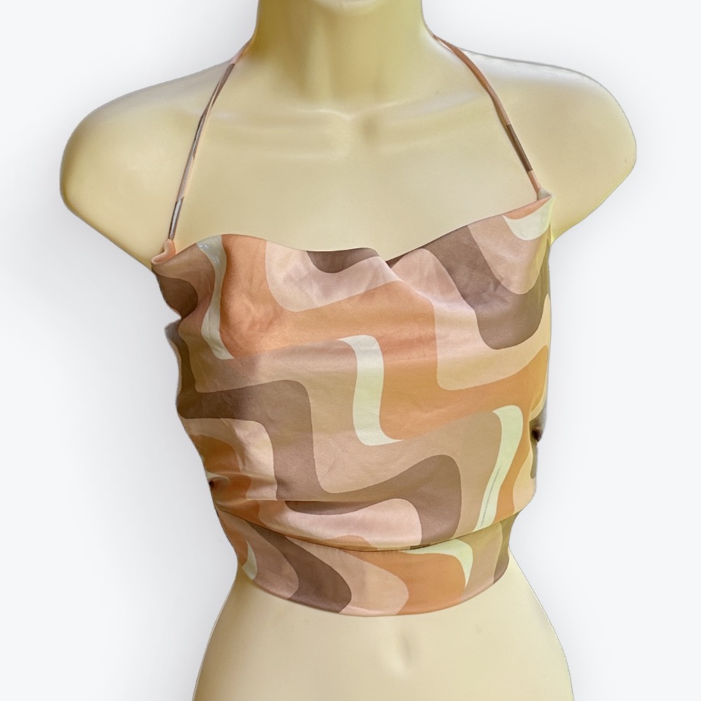 Princess Polly Apricot Satin Crop Top or Halter Sold Out “Bizarre” Print ~ US 6
